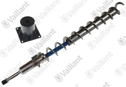 Vaillant Spindel mit spiralförmigem Edelstahlstrang und integriertem Anschluss. Nebenstehender schwarzer Kunststoffadapter.
